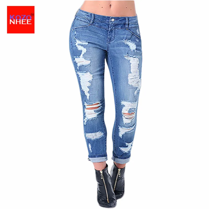 Holes Stretching Ripped Women Jeans With High Waist Elastic Torn Jeans 