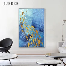 Скандинавском стиле синяя картина маслом Золотая фольга Рыба море абстрактная декоративная живопись для гостиной плакат и принты домашний декор