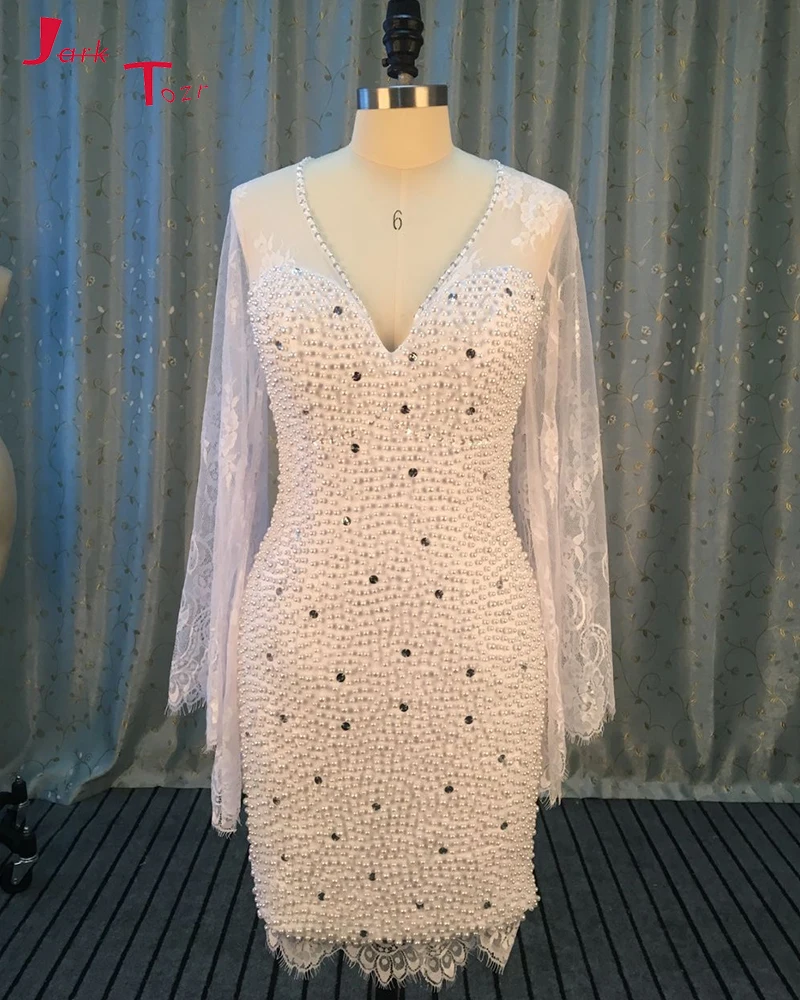 

Jark Tozr Custom Made Sexy Deep V-neck Open Back All Over Lace Beading Cocktail Dresses Robe De Cocktail Above Knee Party Gowns