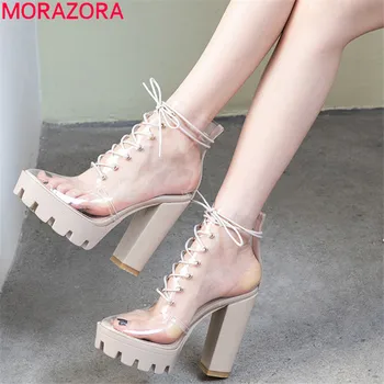 

MORAZORA 2019 newest ankle boots for women unique pvc transparent summer boots Street style high heels platform shoes woman