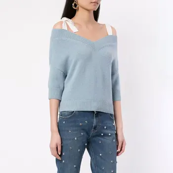 

Sexy Off The Shoulder Sweaters Women 2019 Light Blue Sash Neck Half Sleeve Loose Straps Pullovers Female Knitted Jumper T Shirt
