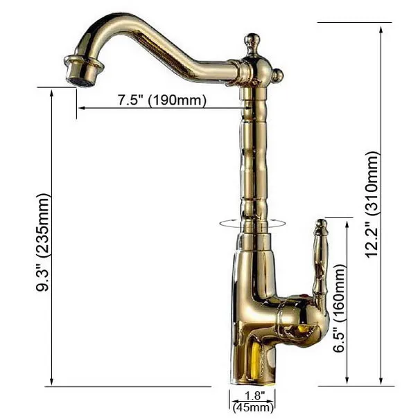 Polished Gold Color Brass Kitchen Faucet Swivel Spout Single Handle Sink Mixer Tap One Hole asf097