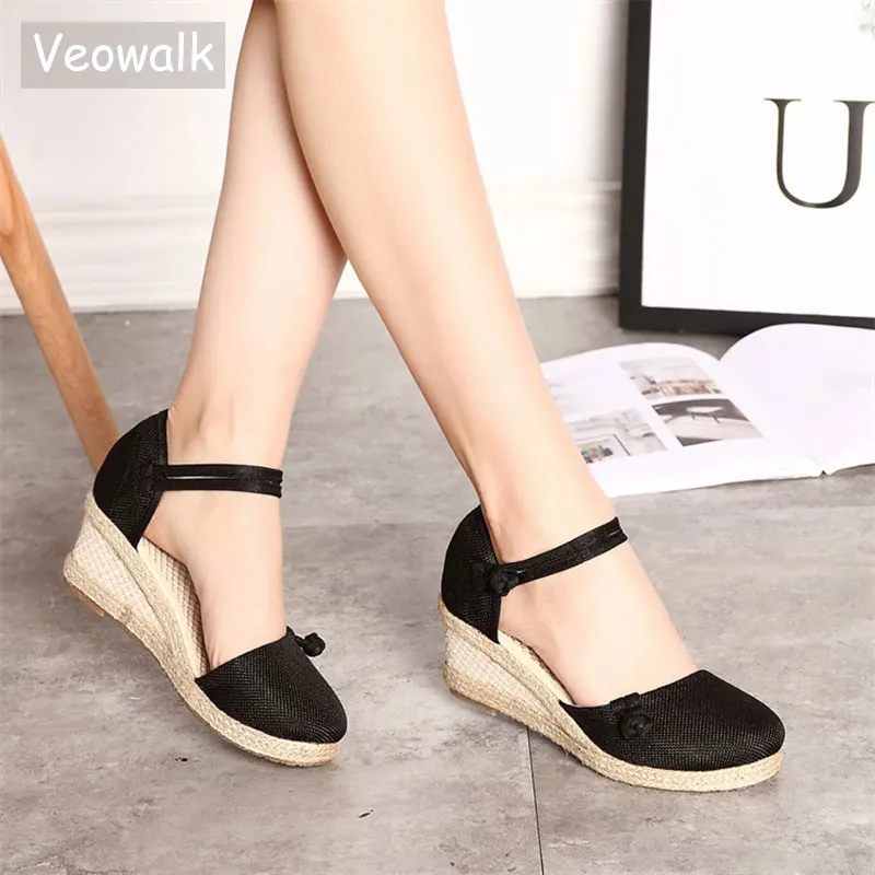 Veowalk-Sandalias Vintage de lona para mujer, alpargatas informales con cuña de lino y tacón medio de 6cm, con correa en el tobillo, para verano -