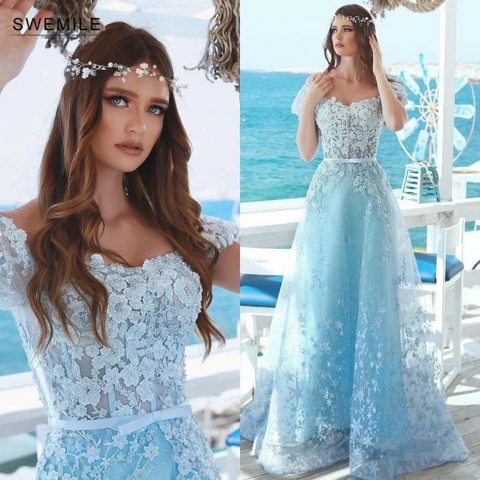 

Elegant Flowes Appliques Long Prom Dresses 2019 Off the Shoulder A-Line Prom Gowns Short Sleeve V-Neck Formal Party Dresses