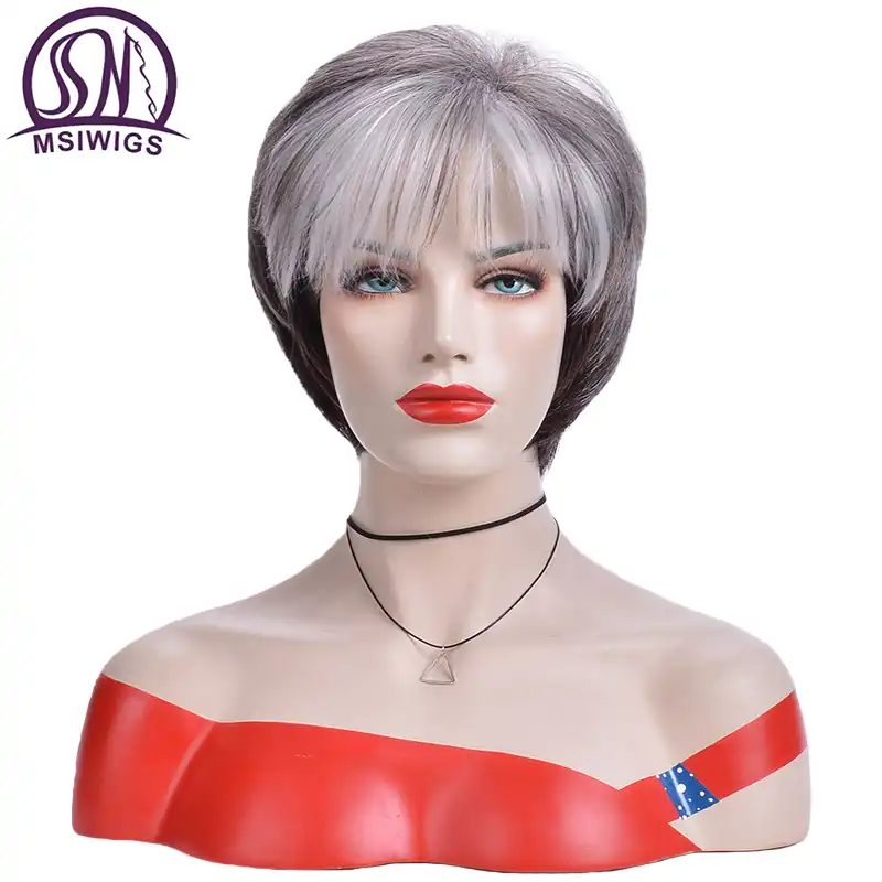 Msiwigs Peluca Para Mujer 2 Tonos Gris Blanco Ombre Pelo Corto Sintetico En Capas Rizado Flequillo Hinchado Resistente Al Calor Aliexpress