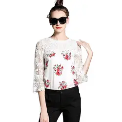 Летние высококачественные женские кружевные топы с рукавами 3/4 цветочный принт шифон лоскутное белая блузка Топ с кружевом blusas com Renda Camisa