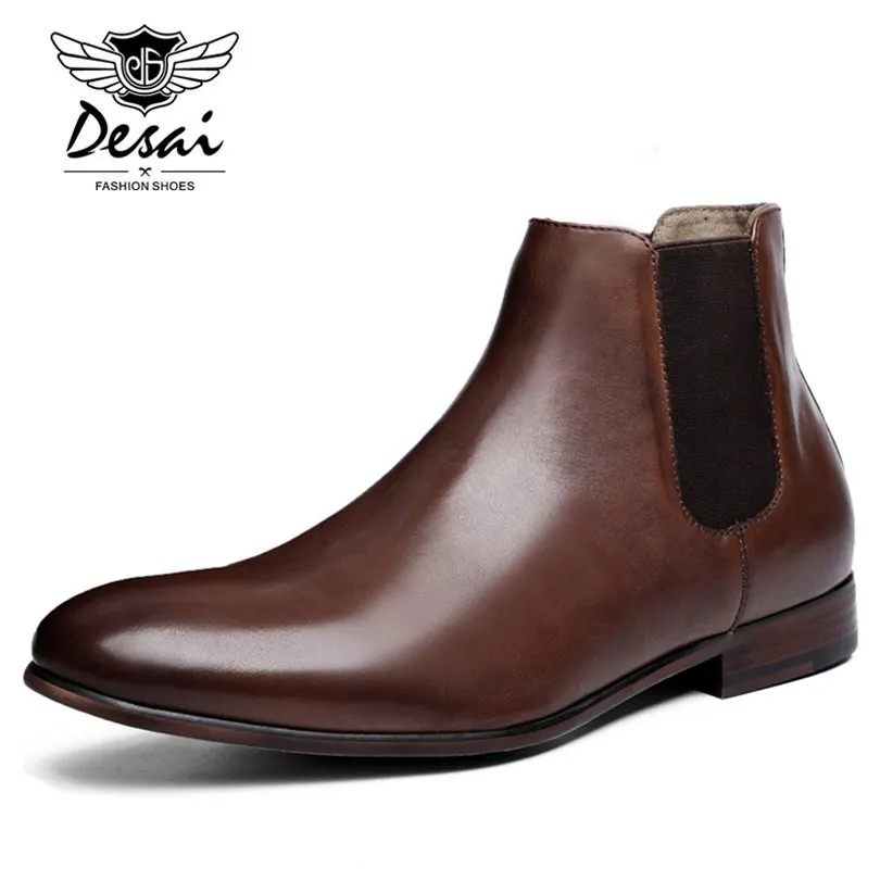 DESAI Brand Genuine Leather Men Boots British Style All Match Black Brown Simple Pointed Toe Chelsea Boots Men Ankle Shoes