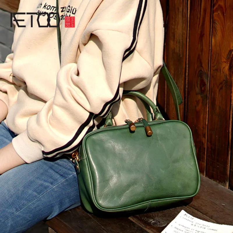 AETOO British retro handmade cowhide leather shoulder portable diagonal bag casual compact box type bag ladies and women models