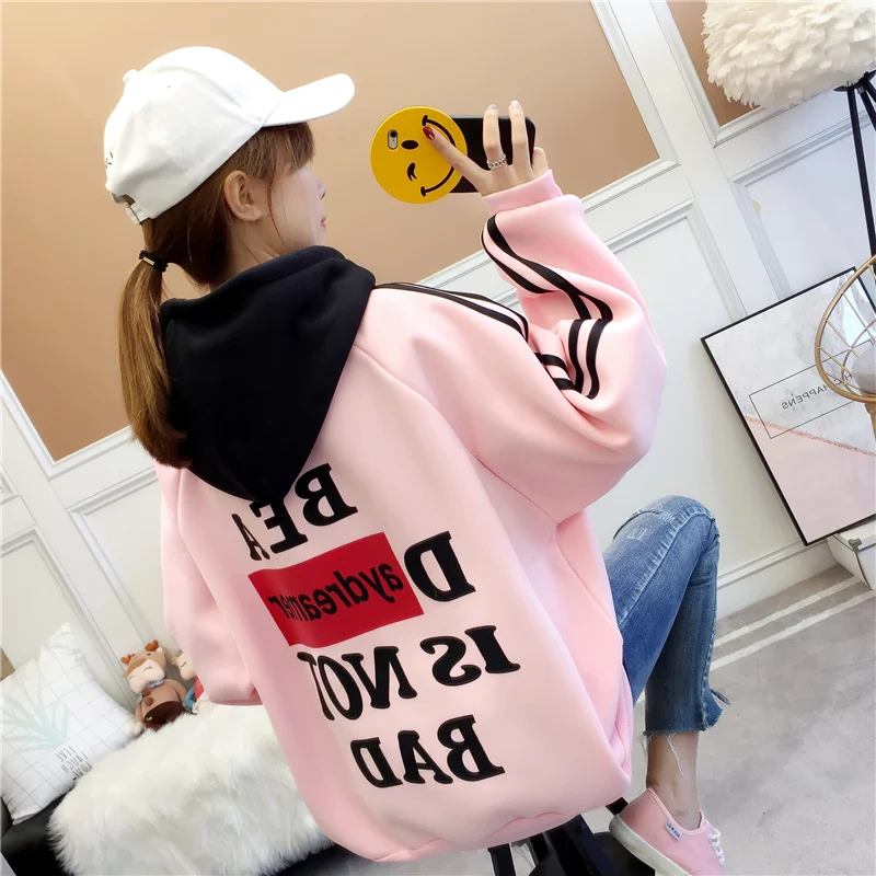 

Contrast Color Jumper Hoodies Wonem Korean Fleece Printing Letter Winter New Student Hooded Pullover Sweatshirt Women's Clothing