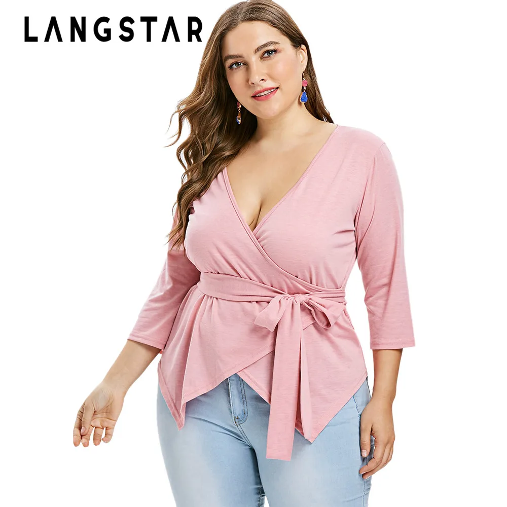 LANGTSTAR Plus Size Women T Shirts Low Cut Top with Tie Belt Surplice