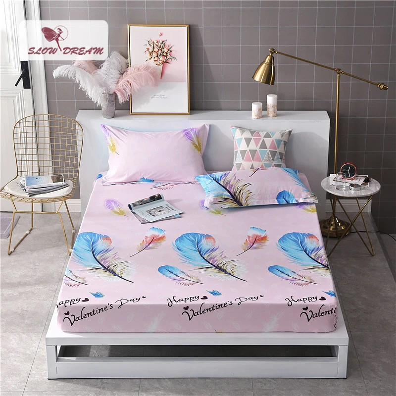 

Slowdream 1PCS Feathers Bed Sheets On Elastic Band Rubber Fitted Sheet Bed Linen Euro Mattress Cover Double Single Size Sheet