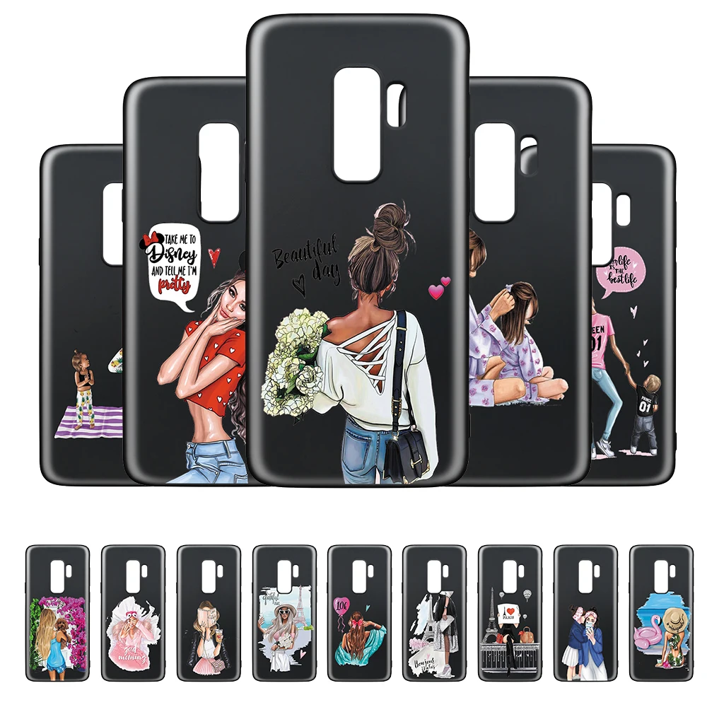 

Fashion Baby Girl Mom Brown Hair Family Soft TPU Cover for Samsung Galaxy S10E S8 S9 S10 Plus S6 S7edge Note 5 8 9 S10lite Cases