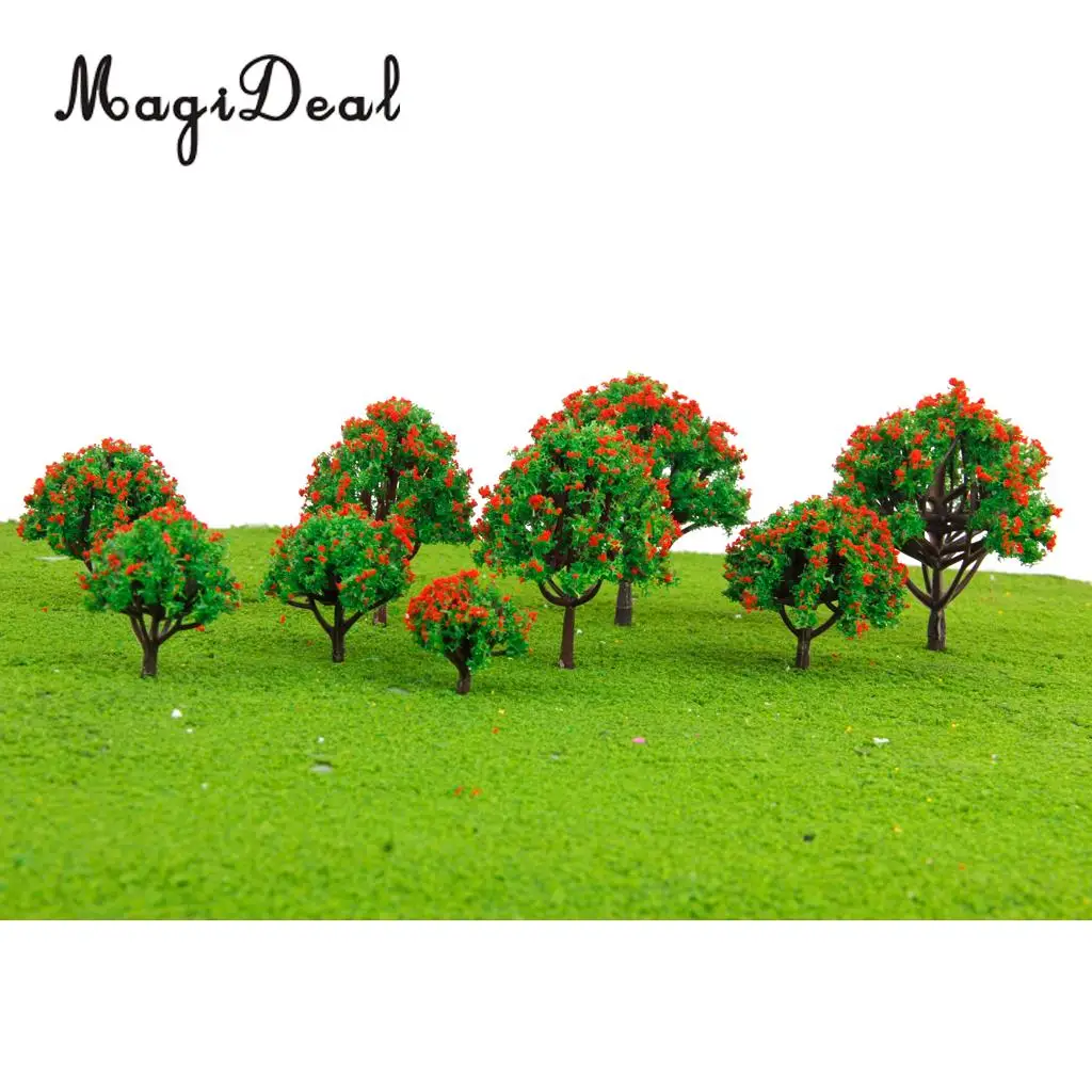 MagiDeal 10Pcs Model Tree with Red Flower Railroad Scenery for Model Garden Park Train Track Architecture Layout Diorama 5 Sizes
