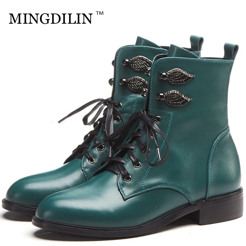 

MINGDILIN Women's Motorcycle Boots Genuine Leather Winter Gothic Shoes Lace Up Woman Ankle Boots Genuine Leather Chelsea Boots