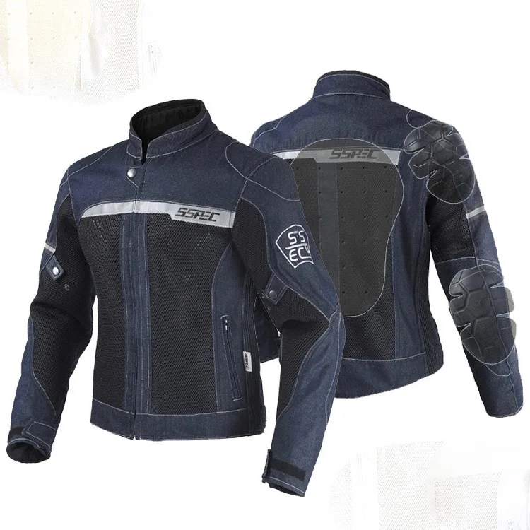 

MEN'S MOTORCYCLE DENIM MESH SUMMER RIDING JACKET BIKERS JACKET STAND COLLAR