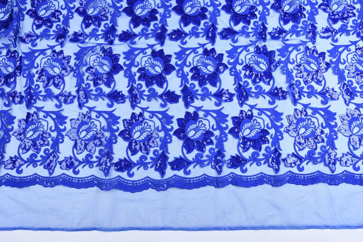 Latest Royal Blue African Embroidery Tulle Lace Fabric High Quality French Milk Silk Lace Fabric With Sequins 5 Yards 1611