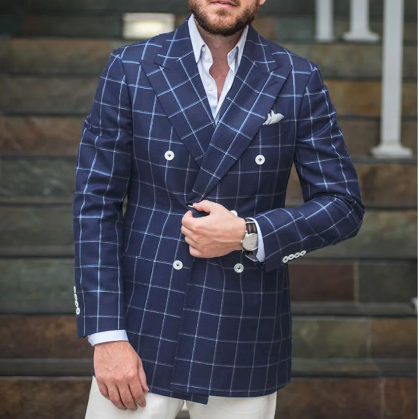 

New Arrival Mens Checkered Suit Windowpane Fashion Men Suits Custom Made,Checkered Man Wedding Double Breasted Suit 2019