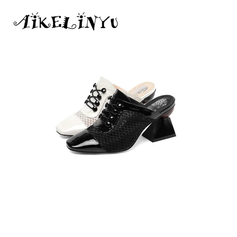 Aikelinyu/ г.; модные шлепанцы на необычном каблуке; обувь из натуральной кожи; женские летние шлепанцы; женские элегантные брендовые шлепанцы