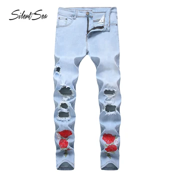 

Silentsea Knee hole mean jeans Flower Embroidered Jeans Straight Slim Fit Mens Printed Biker Denim Trousers jeans new pants
