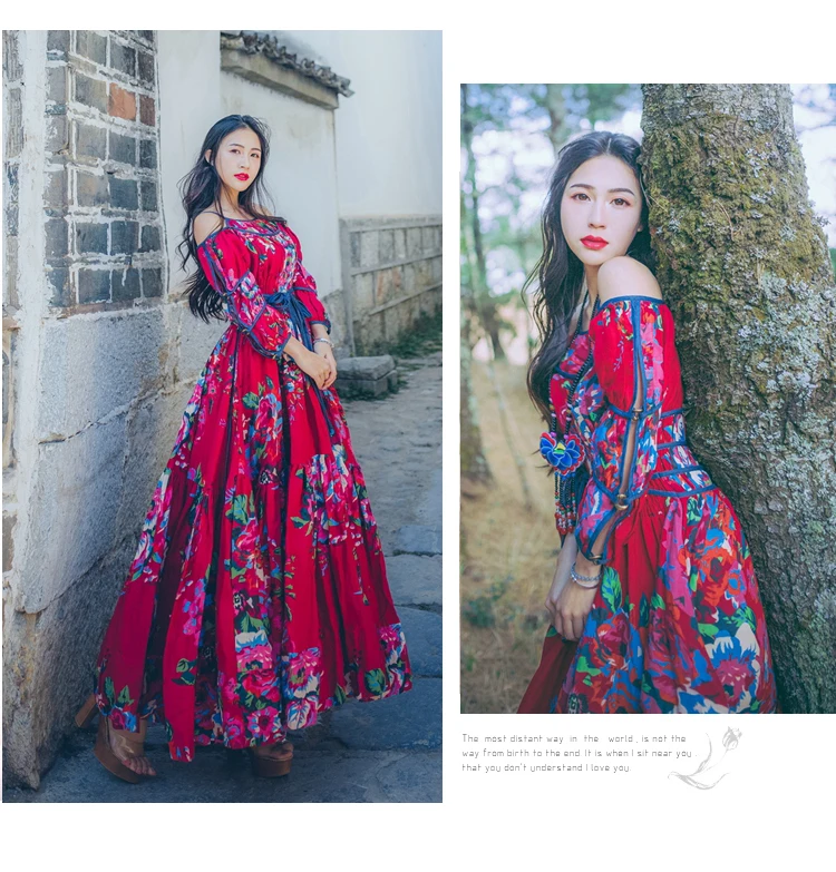 Весеннее женское этническое Трендовое Красное длинное платье с круглым вырезом и цветочным принтом из хлопка и льна