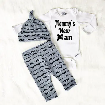 

Emmababy Baby Boys Summer Clothes Newborn Long Sleeve Bodysuits Pants Baby Hat 3-pieces Children Clothing Letter Mommys New Man