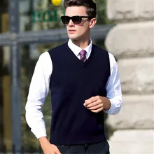 Чистая шерсть жилет мужской сплошной бизнес для мужчин свитер без рукавов V воротник