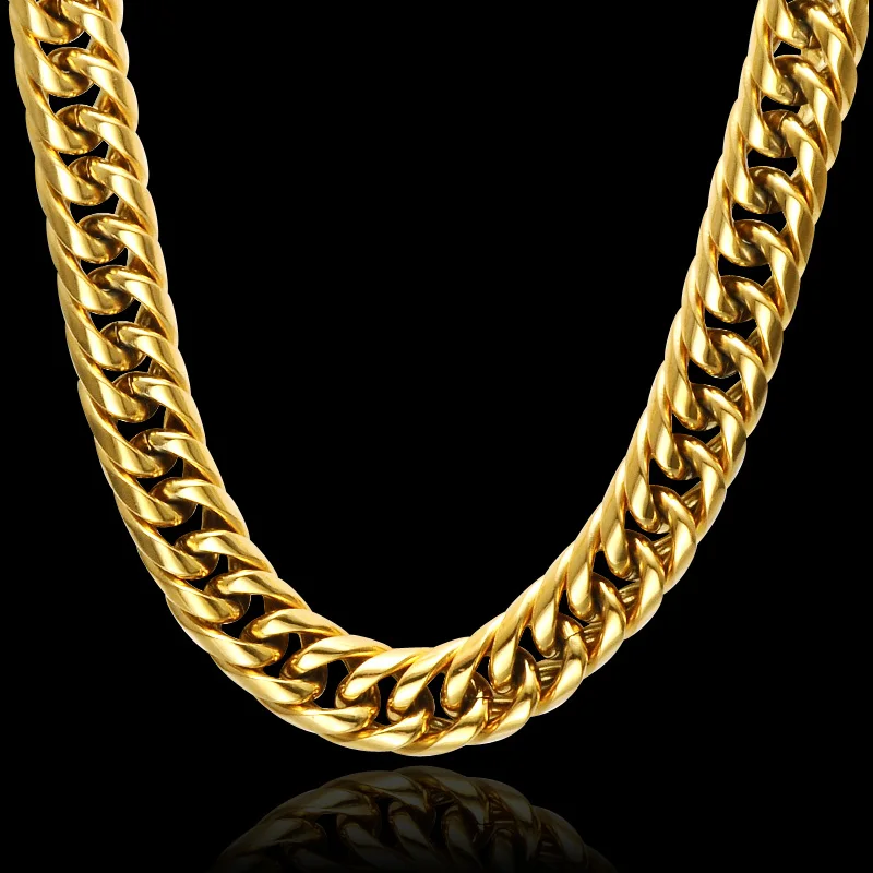 

HIP Hop 24 INCH Gold Filled Heavy Titanium Stainless Steel Double Curb Cuban Link Chain Miami Chain Necklaces for Men Jewelry