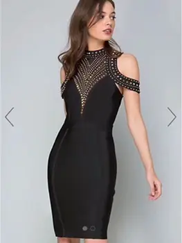 

Celebrity Party 3 Colors O-Neck Rivet Blackless Hollow Out Elegant Bodycon Rayon Bandage Knee-Length Dress