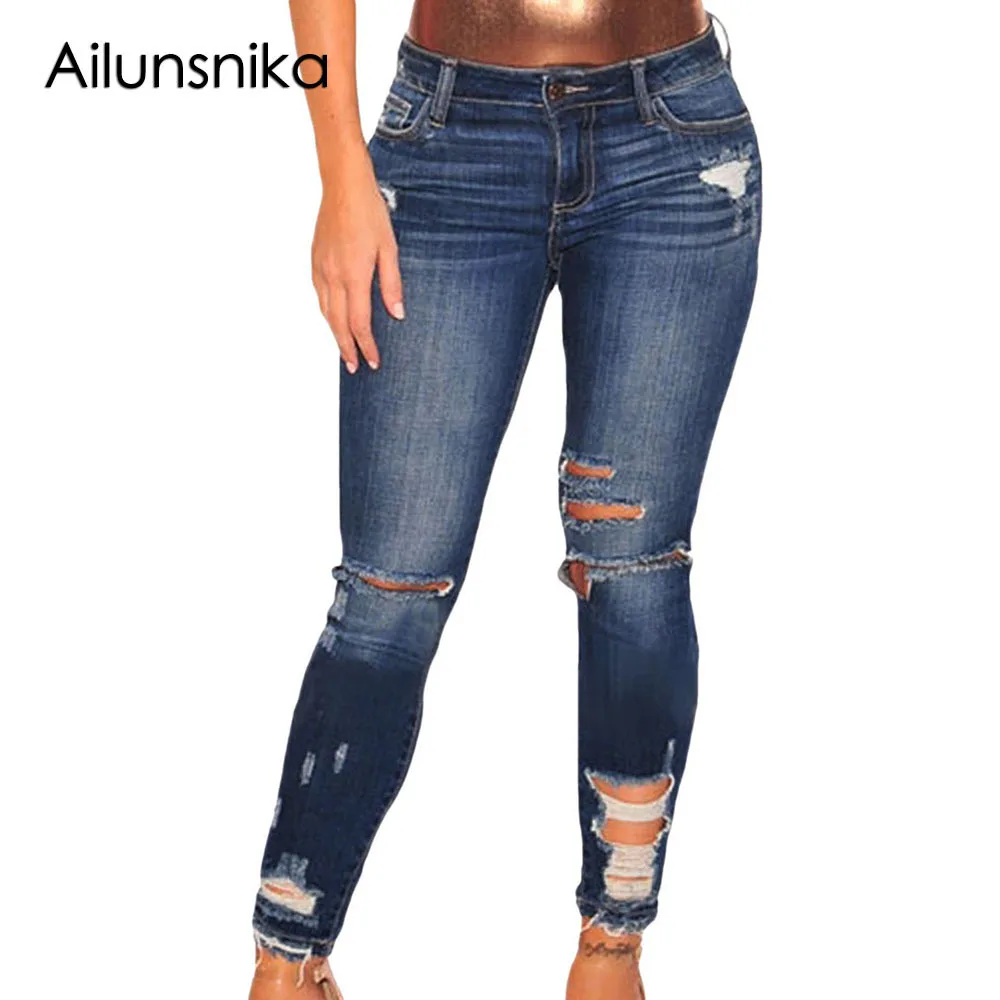 Ailunsnika Ripped Jeans for Women Dark Blue Denim Destroyed Ankle