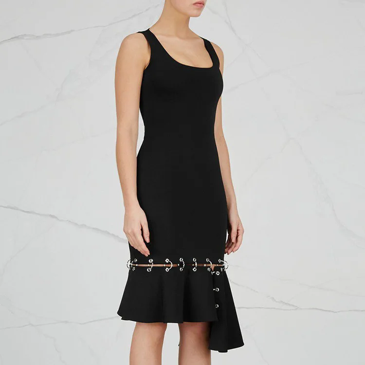 

2019 Spring New Air-eye Clasp Dress Irregular Splice Tight Square Collar Black Dress Knee-Length Zippers Sleeveless A-Line Women