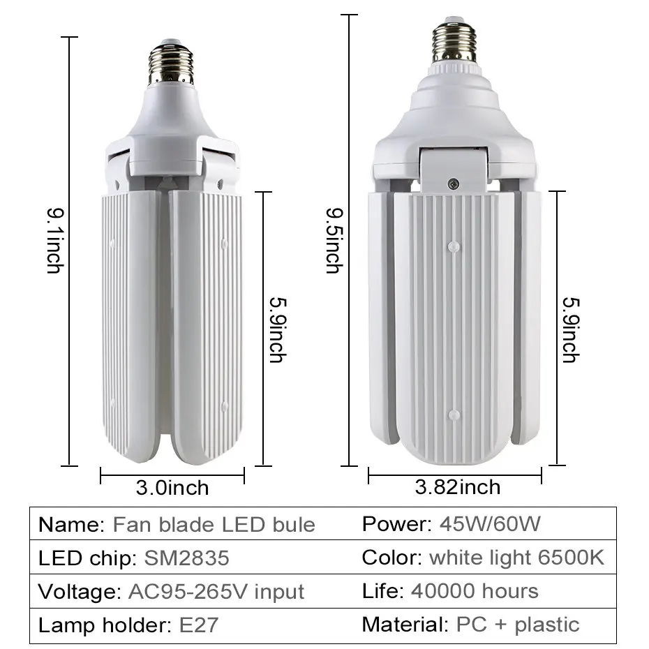 45 Вт, 60 Вт, E27 светодиодный лампы SMD2835 304 светодиодный s супер яркий Складной вентилятор угол лезвия Регулируемая потолочная лампа для дома энергосберегающие лампы A1