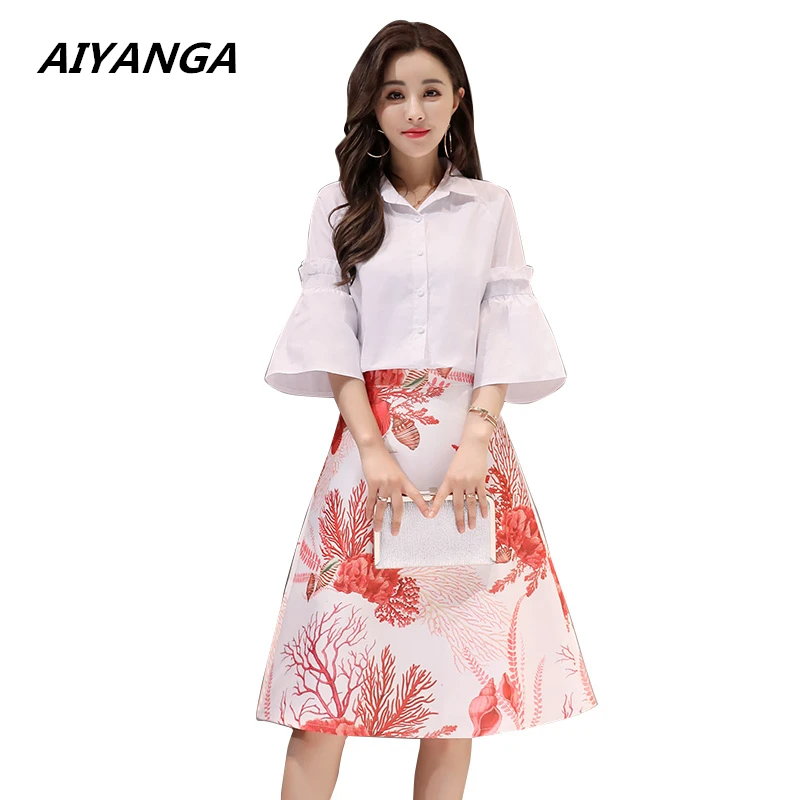 AIYANGA elegante OL moda mujeres establece blanco da vuelta-abajo blusa faldas de impresión delgado zipper fly 2 unidades por juego 2017