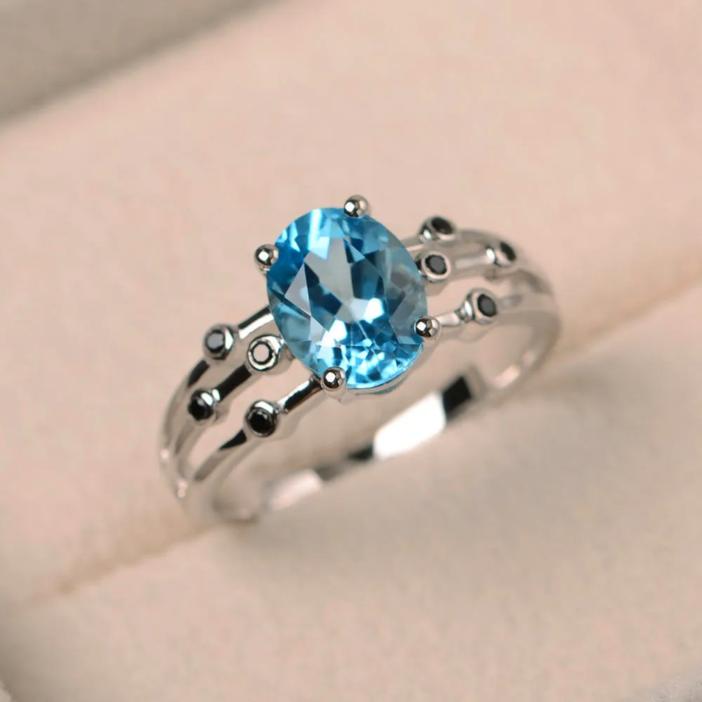 Милое женское зеленое, красное, синее, фиолетовое кольцо с черным камнем Мода 925 серебряные свадебные ювелирные кристаллы обещание на помолвку кольца для женщин - Цвет основного камня: Aquamarine