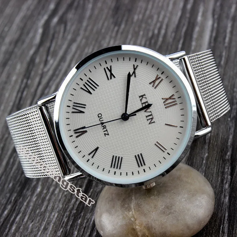

Fashion Elegant Silver Stainless Steel Roman Numbers White Dial Analog Quartz Wrist Watch Unisex Gift Relogio Masculino Feminino