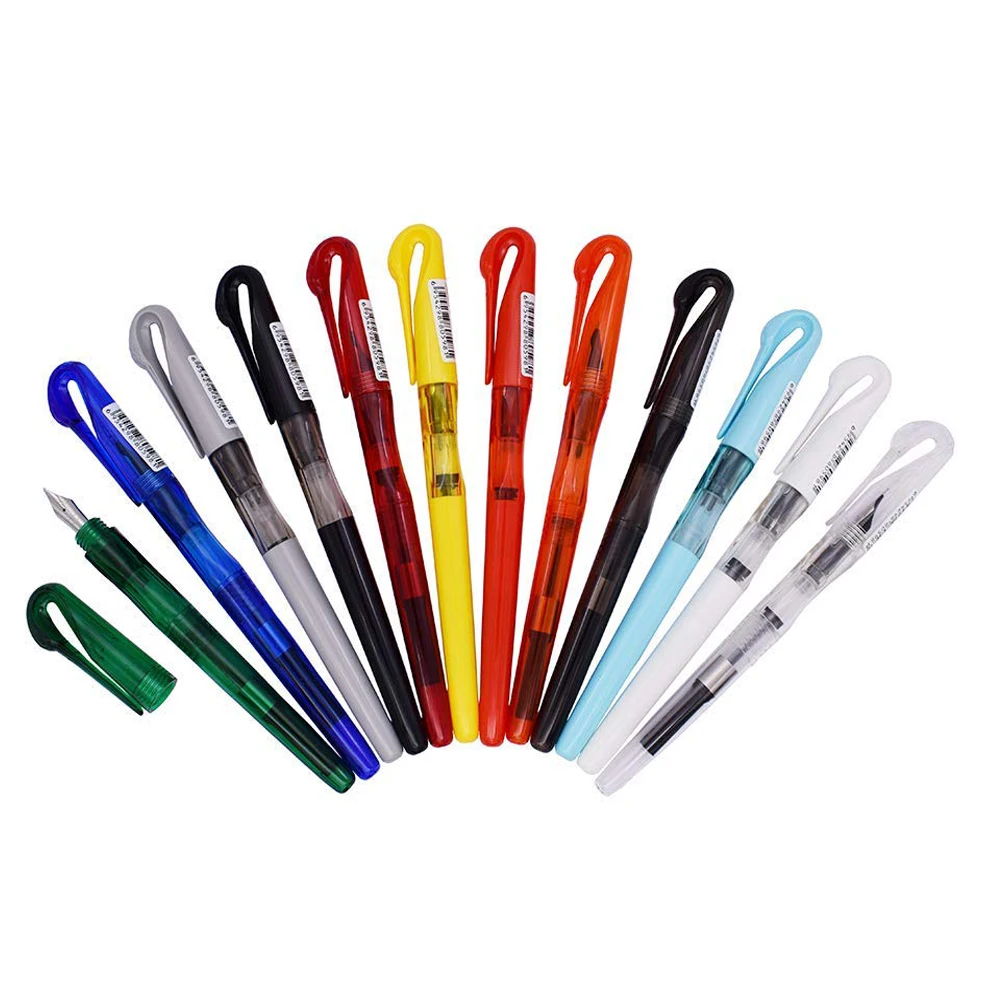 12 PCS Jinhao Swan Cap Colorful Transparent School Fountain Pen with Pen Case Set EF/F/Bent Nib Student Office Business Ink Pen