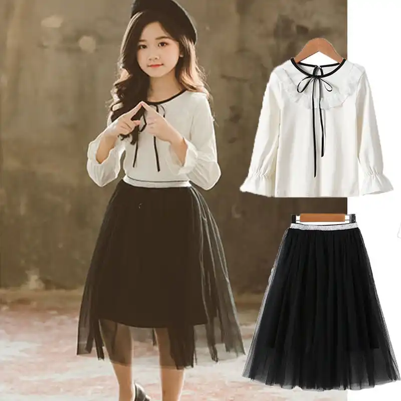 Skirt Sets Little Girls Skirt Suits Children Solid Color Long Flare Sleeve Top