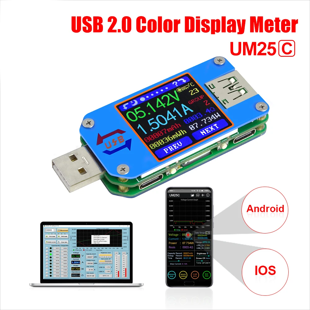 

RD UM25C/ UM25 USB 2.0 Type- C Color LCD Tester voltage current meter Voltmeter ammeter battery charge measure cable resistance