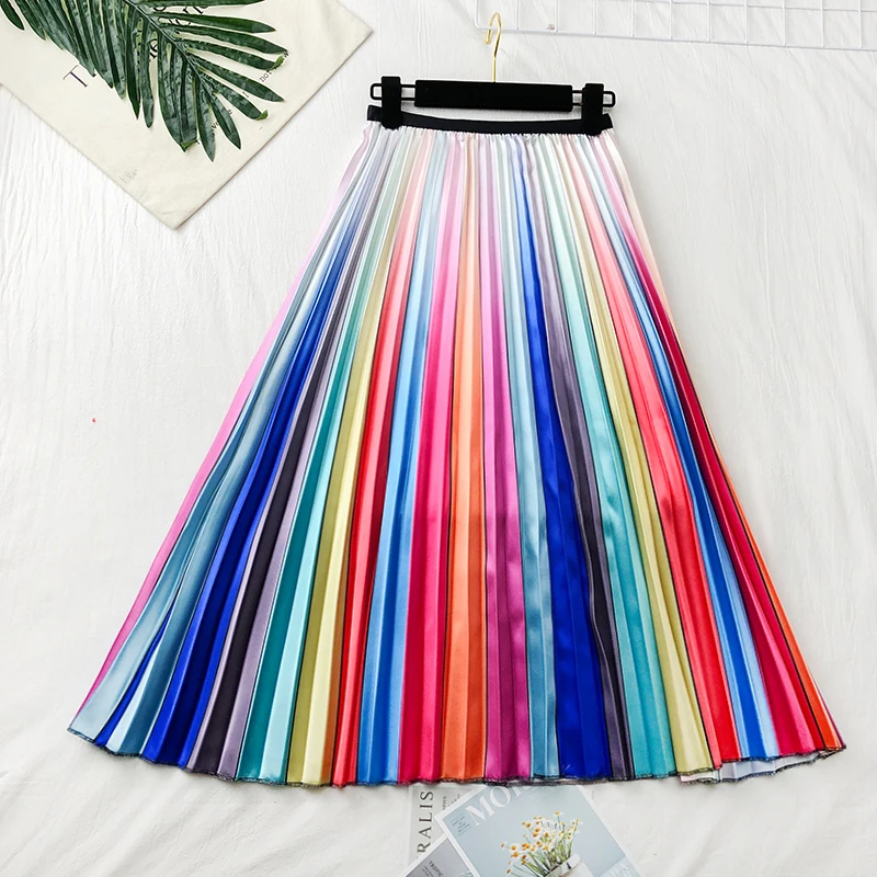 GTGYFF, модная разноцветная юбка, Радужная, эластичная, высокая талия, миди, плиссированная, расклешенная, а-силуэт, юбка для женщин, женские, Омбре, юбки, saia saias