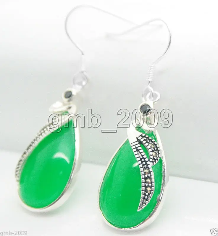 

925 Sterling Silver Natural Green Emerald Jade Gemst Marcasite Dangle Earrings