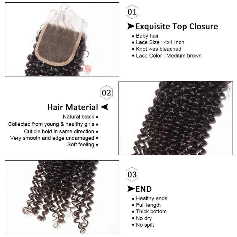 [FYNHA] Brazilian Kinky Curly Virgin Hair Weave 3 Bundles With Lace Closure Human Hair Extensions