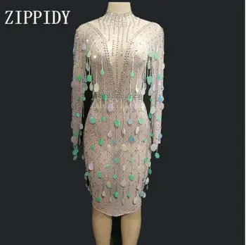 

Fashion Colorful Sequins Tassel Birthday Evening Celebrate One-piece Dress Sexy Skinny Costume Dance Short Dress YOUDU