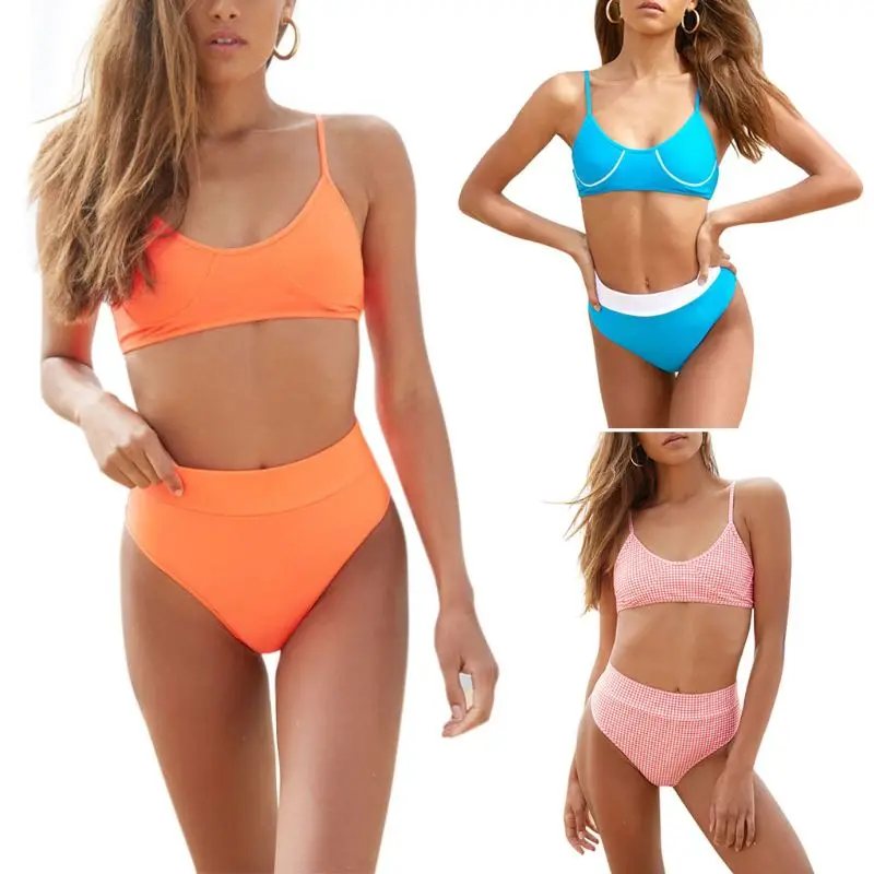

Two-Piece Bikini Set Adjustable Spaghetti Straps Bra Vertical Stripes Printed Swimsuit High Waist Wide Elasticband Thongs Beach
