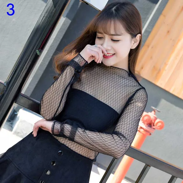 Sweet Sexy Women Blouse See Through Transparent Mesh Long Sleeve Sheer ...