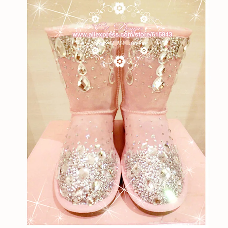 

2016 Sexy Women Boots Genuine Leather Plush Waterproof Pink Handmade Rhinestones Winter Snow Boots Plus Size Boots