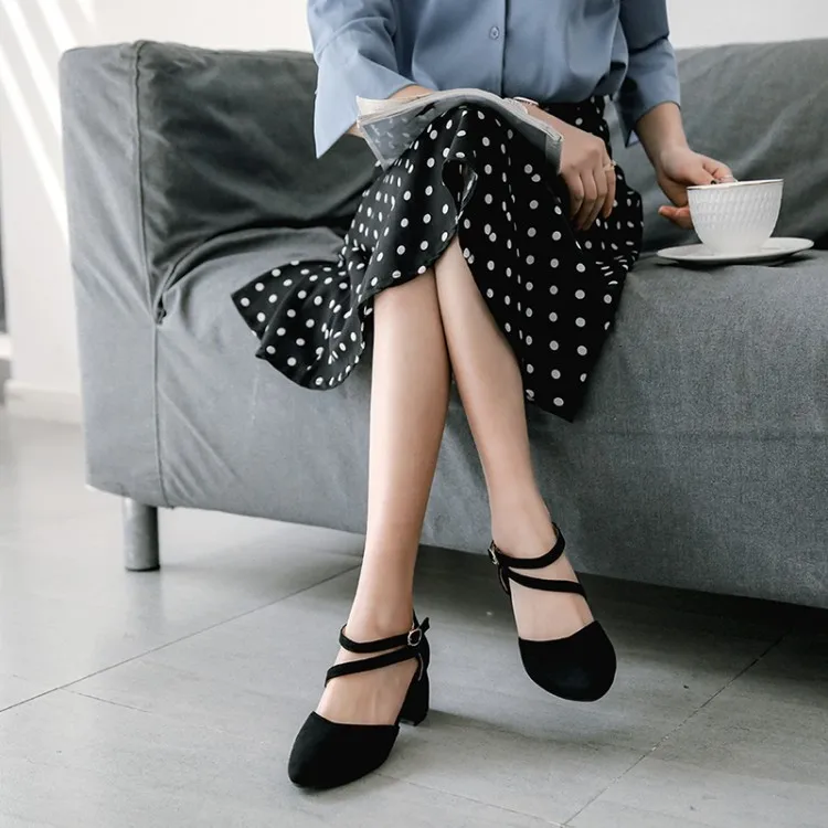 

Big Size 9 10 11-15 ladies high heels women shoes woman pumps One word buckle belt is sweet thick heel