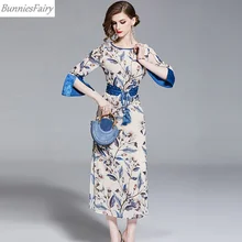 BunniesFairy летнее Новое дизайнерское женское элегантное приталенное длинное платье с цветочным принтом и расклешенными рукавами три четверти