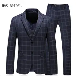 H & S свадебные Для мужчин праздничная одежда Slim Fit Blue Check 3pc-Suit Нарядные Костюмы для свадьбы для Для мужчин Костюмы для жениха смокинги