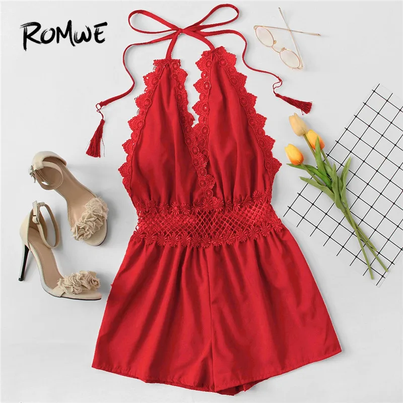 ROMWE Red Lace Trim Sexy V Neck Backless Fringe Halter Rompers Women Open Back Mid Waist Short Straight Leg Summer Playsuits