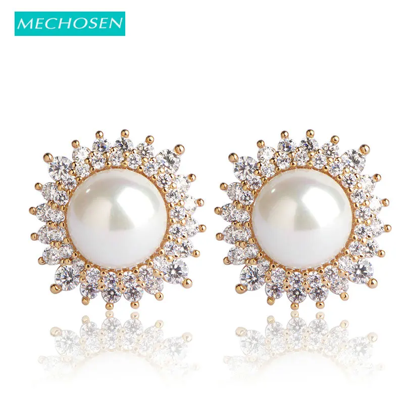 

MECHOSEN Simulated-Pearl Stud Earrings Gold Color Crystal Orecchini For Women Large Beads Copper Brincos Ears Piercing Schmuck
