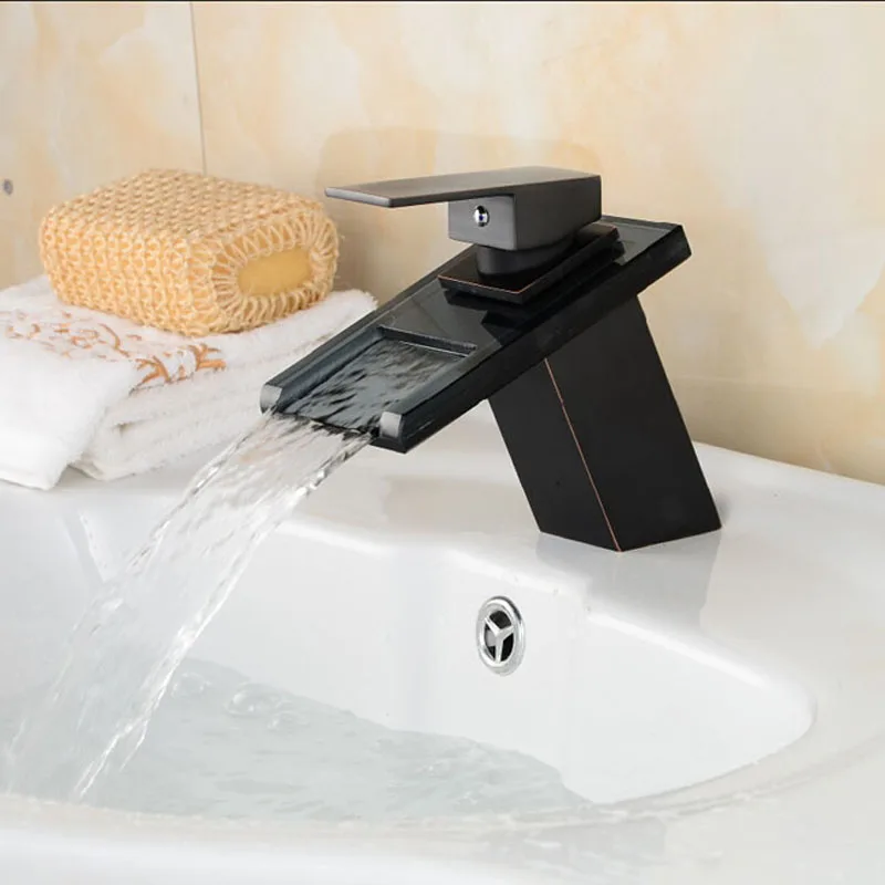 Free shipping Bathroom Waterfall Glass Spout Basin Sink Faucet Single Handle Mixer Tap Hot Cold Water